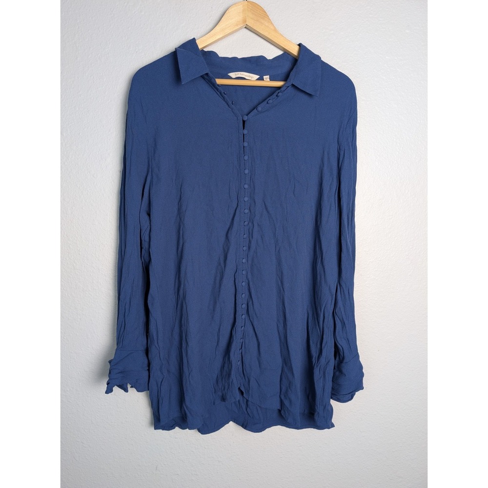 Soft Surroundings Blouse M Blue Solid Collared Long Sleeve Lightweight Woven Top